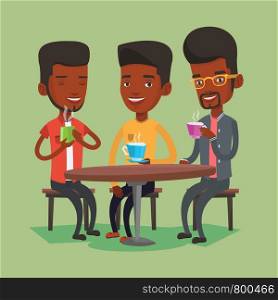Group of african-american friends drinking hot and alcoholic drinks. Three smiling friends hanging out together in a cafe. Friends relaxing in cafe. Vector flat design illustration. Square layout.. Group of men drinking hot and alcoholic drinks.