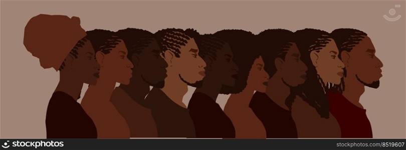 Group of african american people with differnt afro hair styles. Man and woman crowd illustration. Web banner art. Group of african american people with differnt afro hair styles. Man and woman crowd illustration.