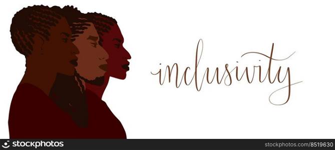 Group of african american people with differnt afro hair styles. Man and woman crowd illustration. Inclusivity lettering Web banner art. Group of african american people with differnt afro hair styles. Man and woman crowd illustration. Inclusivity lettering