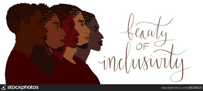 Group of african american people with differnt afro hair styles. Man and woman crowd illustration. Beauty of inclusivity lettering Web banner art. Group of african american people with differnt afro hair styles. Man and woman crowd illustration. Beauty of inclusivity lettering