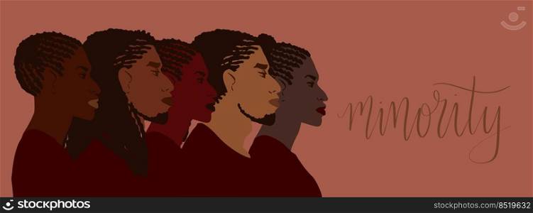 Group of african american people with differnt afro hair styles. Man and woman crowd illustration. Minority lettering Web banner art. Group of african american people with differnt afro hair styles. Man and woman crowd illustration. Minority lettering