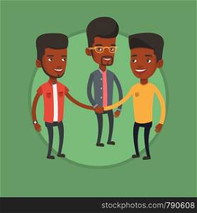 Group of african businessmen joining hands. Business people putting their hands together. Business people stacking their hands. Vector flat design illustration in the circle isolated on background.. Group of businessmen joining hands.