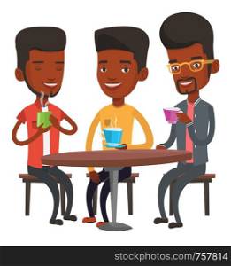Group of african friends drinking hot and alcoholic drinks. Three smiling friends hanging out together in a cafe. Friends relaxing in cafe. Vector flat design illustration isolated on white background. Group of men drinking hot and alcoholic drinks.