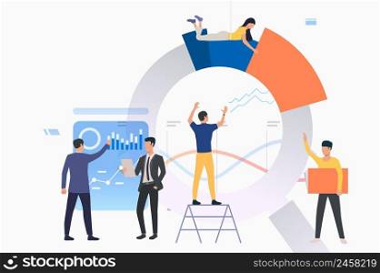 Group of analysts working on graphs. Building chart, presentation, report. Analysis concept. Vector illustration can be used for topics like business, marketing, teamwork