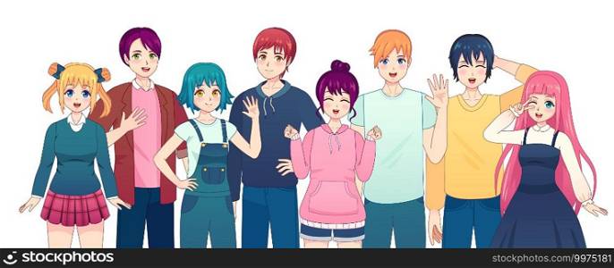 Group of anime characters. Young manga girls and boys friends in japanese comic style. Smiling korean male and female students vector set. Happy kawaii school people in casual clothing. Group of anime characters. Young manga girls and boys friends in japanese comic style. Smiling korean male and female students vector set