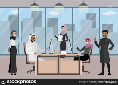 Group of Arab businessmen or office workers in modern office,workplace interior with furniture,Muslim business people brainstorming,flat vector illustration. Group of Arab businessmen or office workers in modern office