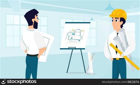 Group of architect examining room design plan. Vector illustration of working cartoon characters in coworking studio. The concept of construction, architecture, design