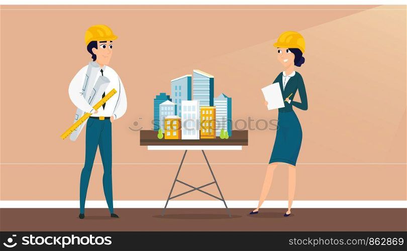 Group of architects with city architecture layout. Vector illustration of working cartoon characters in coworking studio. The concept of construction, architecture, design, workplace.