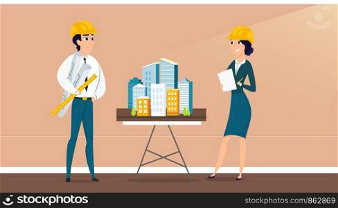 Group of architects with city architecture layout. Vector illustration of working cartoon characters in coworking studio. The concept of construction, architecture, design, workplace.
