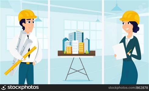 Group of architects with city architecture layout. Vector illustration of working cartoon characters in coworking studio. The concept of construction, architecture, design
