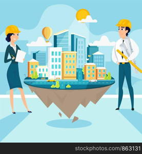 Group of architects with city architecture layout. Vector illustration of working cartoon characters in coworking studio. The concept of construction, architecture, design