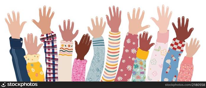 Group of arms and raised hands of multiethnic joyful children. Teamwork kindergarten or school of multicultural children. Friendship and unity between boys and girls of diverse cultures