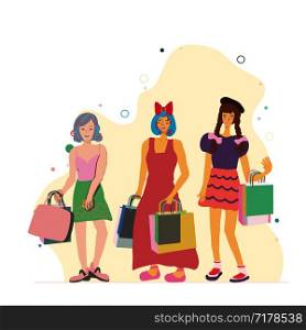 Group of Asian girls on the street with colorful shopping bags posing and smiling. Sale concept. Female characters.. Group of Asian girls on the street with colorful shopping bags posing and smiling.