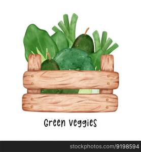 group of assorted green vegetables watercolour in wooden garden container basket hand painted isolated on white background