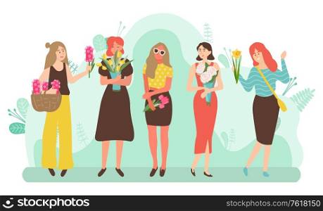 Group of beautiful women holding colorful bouquets. Female florist with brown basket of flowers. Girls with various hairstyles wearing stylish clothes. Beautiful Women Holding Bouquets of Flowers
