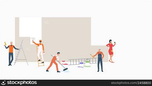 Group of builders with tools painting wall. Male and female cartoon characters working at construction site. Vector illustration for repair service, promotion, banner