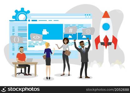 Group of business characters,people talking and discussion,spaceship take off and start-up concept,web site design and interface develop, front-end and back-end development,flat vector illustration