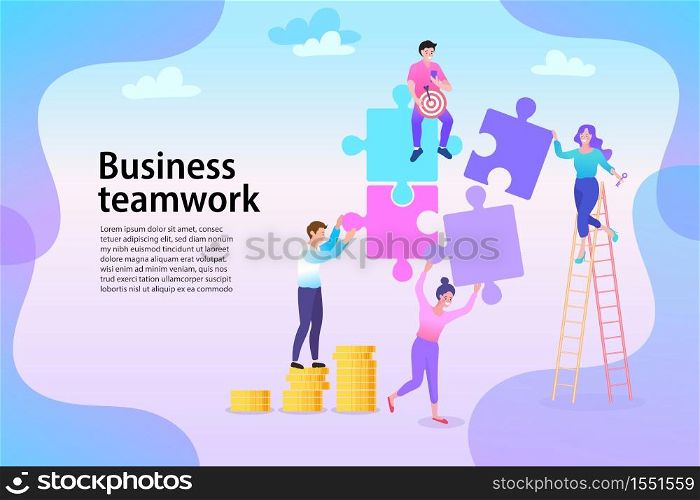 Group of business people assembling jigsaw puzzle and represent team support. Concept of teamwork, business cooperation, collective project work. Modern flat colorful vector illustration.