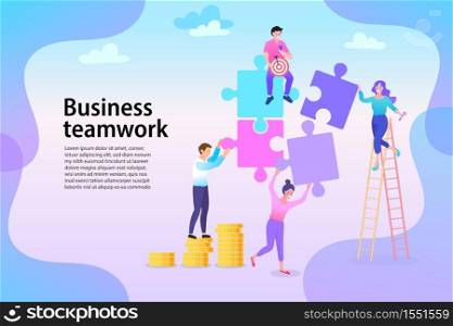 Group of business people assembling jigsaw puzzle and represent team support. Concept of teamwork, business cooperation, collective project work. Modern flat colorful vector illustration.