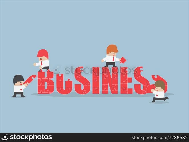 Group of business people assembling jigsaw puzzle of business word, VECTOR, EPS10