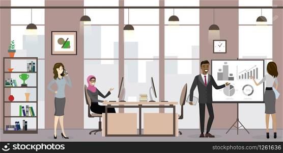 Group of business people or office workers in modern office,workplace interior with furniture,business team,flat vector illustration