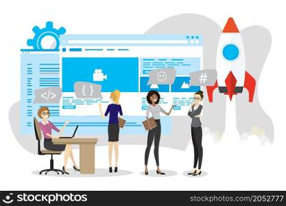 Group of business women characters,girls talking and discussion,rocket take off,start up concept,web design and interface develop, front-end and back-end development,vector illustration flat design