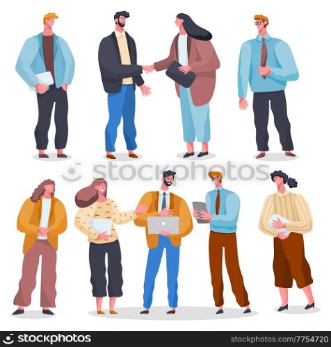 Group of business working people standing on white background. Business man and business woman in flat design people characters. Persons in different positions of the body and objects in their hands. Group of business working people standing on white background in different positions