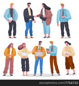 Group of business working people standing on white background. Business man and business woman in flat design people characters. Persons in different positions of the body and objects in their hands. Group of business working people standing on white background in different positions