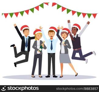 Group of businessman and businesswoman are celebrating christmas party.Flat vector Cartoon character.