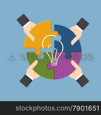 Group of businessman holding pieces of jigsaw puzzle bearing a light bulb, represent for team support, brainstorm or success to find perfect idea concept.&#xA;