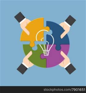 Group of businessman holding pieces of jigsaw puzzle bearing a light bulb, represent for team support, brainstorm or success to find perfect idea concept.&#xA;