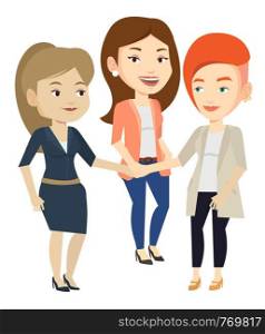 Group of businesswomen joining hands. Businesswomen putting their hands together. Businesswomen stacking their hands. Partnership concept. Vector flat design illustration isolated on white background.. Group of business women joining hands.