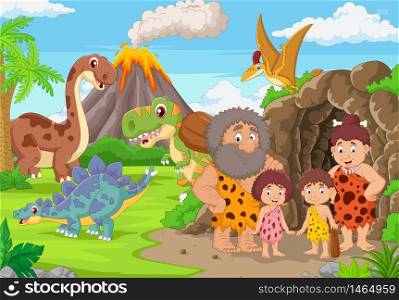 Group of cartoon cavemen and dinosaurs in the forest