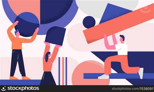 Group of cartoon colorful people holding geometric shapes vector flat illustration. Man and woman arranging abstract figures circle, square, triangle graphic design. Concept of organization work. Group of cartoon colorful people holding geometric shapes vector flat illustration
