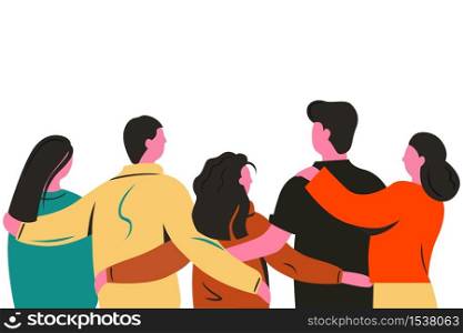 Group of cartoon friends standing and hugging together back view vector flat illustration. Colored people embrace enjoying friendship isolated on white background. Concept of united and support. Group of cartoon friends standing and hugging together back view vector flat illustration