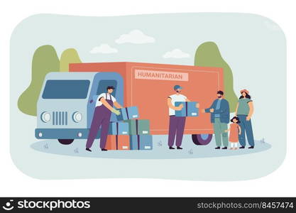 Group of cartoon volunteers giving food boxes to refugee family. Men in uniform helping poor people flat vector illustration. Charity, support, humanitarian aid concept for banner or landing web page