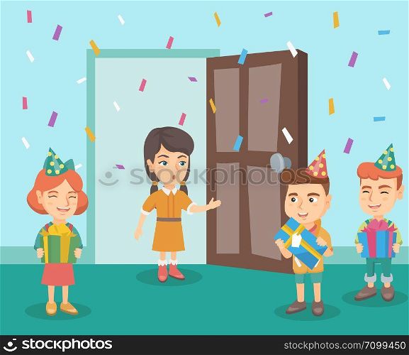 Group of caucasian kids arranged a surprise birthday party for their friend. Kids with birthday gifts came to a surprise birthday party to their friend. Vector cartoon illustration. Square layout.. Kids at a surprise birthday party of their friend.