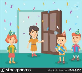 Group of caucasian kids arranged a surprise birthday party for their friend. Kids with birthday gifts came to a surprise birthday party to their friend. Vector cartoon illustration. Square layout.. Kids at a surprise birthday party of their friend.