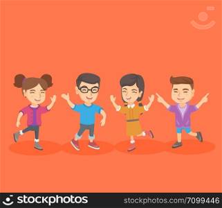 Group of cheerful caucasian children jumping and dancing. Four joyful boys and girls jumping and dancing. Childhood, healthy and active lifestyle concept. Vector cartoon illustration. Square layout.. Group of caucasian children jumping and dancing.