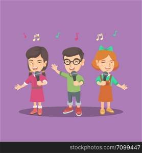 Group of cheerful caucasian girls and boy singing a song with microphones. Children choir standing with microphones and singing. Vector cartoon illustration. Square layout.. Children choir singing a song with microphones.