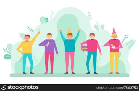 Group of cheerful people celebrating birthday party. Friends wearing cone hats, eating cake and drinking ch&agne. Festive mood, gift boxes vector. Birthday Party, Group of People Celebrating Vector
