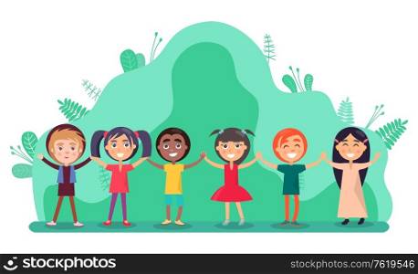 Group of children holding hands and smiling. Full length view of cute little kids in colourful clothes standing together. Friendship and childhood vector. Group of Children Holding Hands, Friendship Vector