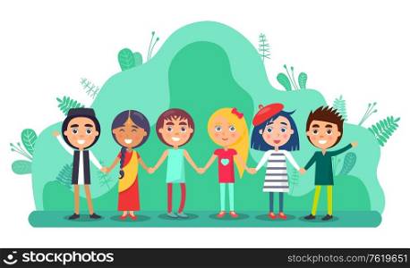 Group of children holding hands and smiling. Full length view of cute little kids in colourful clothes standing together. Friendship and childhood vector. Group of Children Holding Hands, Friendship Vector