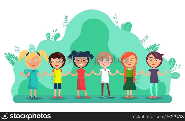 Group of children holding hands and smiling. Full length view of cute little kids in colourful clothes standing together in park. Friendship and childhood vector. Flat cartoon. Group of Children Holding Hands, Friendship Vector