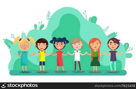 Group of children holding hands and smiling. Full length view of cute little kids in colourful clothes standing together in park. Friendship and childhood vector. Flat cartoon. Group of Children Holding Hands, Friendship Vector