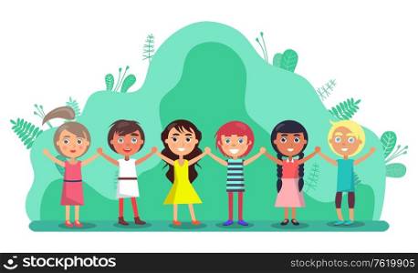 Group of children holding hands and smiling outdoors. Full length view of cute little kids in colourful clothes standing together in park. Friendship and childhood vector. Group of Children Holding Hands, Friendship Vector