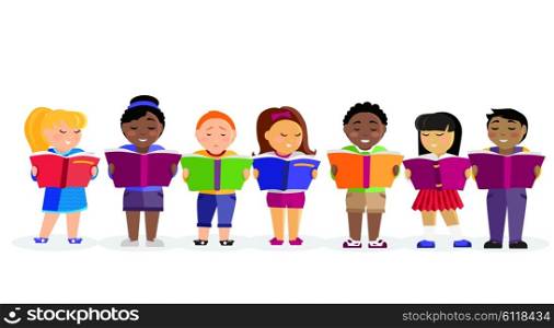 Group of Children Reading Books. Group of kids studying and learning together. Boys and girl reading books. Various nationalities students reading books. Reading kid. Reading student. Kid reading open book. back to school