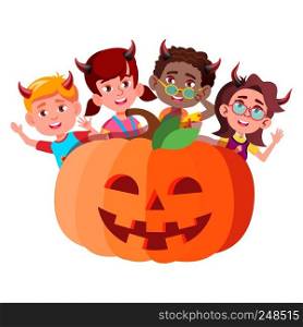 Group Of Children With Devil Horns Peeking Out From Large Pumpkin Vector. Halloween Illustration. Group Of Children With Devil Horns Peeking Out From Large Pumpkin Vector. Halloween Isolated Illustration