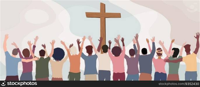 Group of Christians seen from behind with hands raised towards the crucifix praying or singing.Christianity in the world.Christian worship.Concept of faith and hope in Jesus Christ