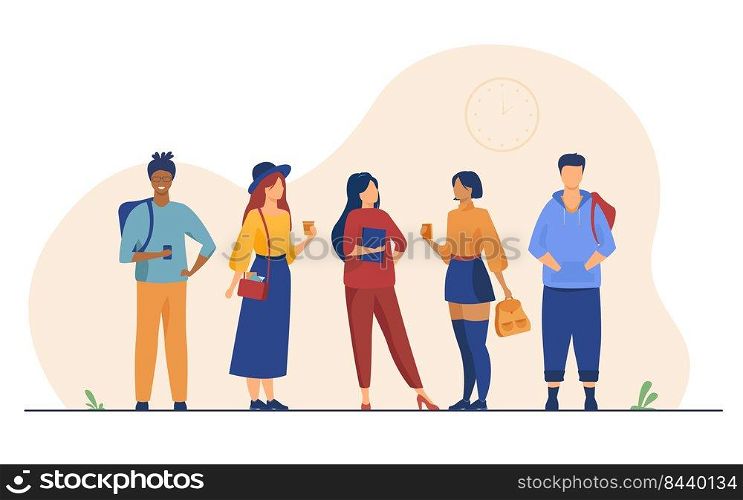 Group of college or university students hanging out. Happy teen girls and guys standing together, holding books, backpacks. Vector illustration for studying, school friends, fashion, youth concept